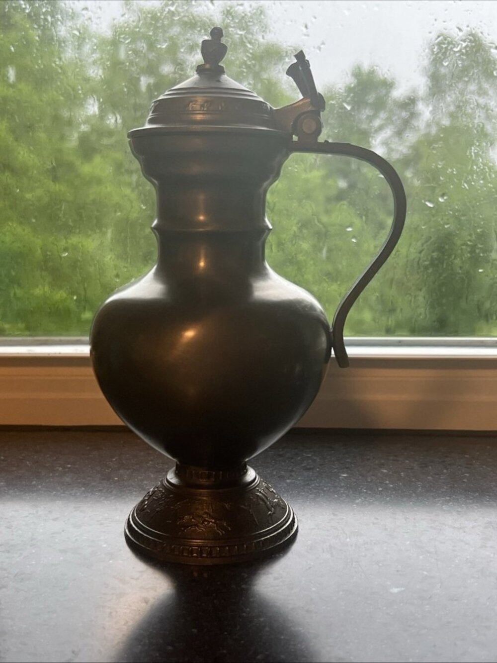 1970 Rein Zinn Pewter Lidded Tankard Detailed Relief Hunting Scene Signed 9" T